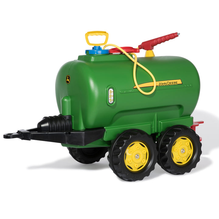 John Deere Water Tanker With Pump & Spray Gun with wheels, top filling lid, rear tap, and removable spray nozzle.