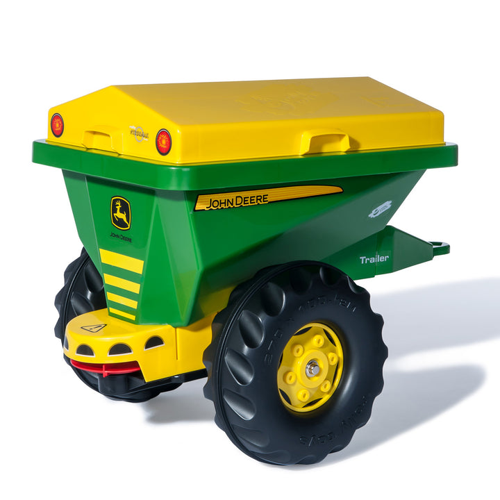 John Deere Tow Behind Spreader Accessory in green and yellow with large wheels and removable lid for rolly tractors.