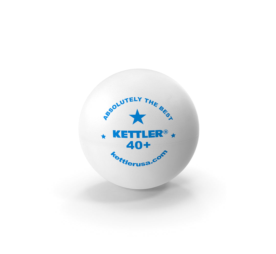 1-Star Table Tennis Balls, 6-Pack featuring a white ball with blue Kettler 40+ logo and matte finish, regulation size and weight.