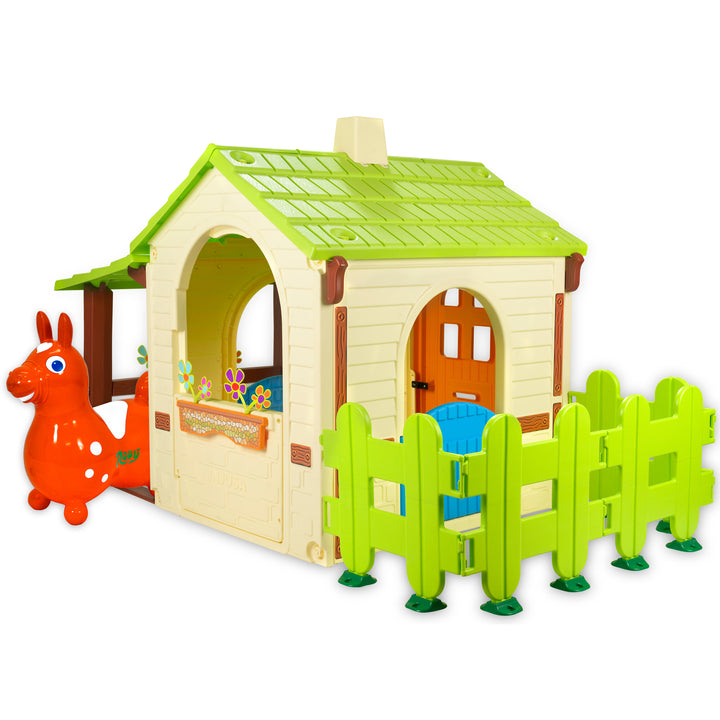 Country Playhouse & Rody Inflatable Bounce Horse Sets with green fence, playhouse, and orange bounce horse toy.