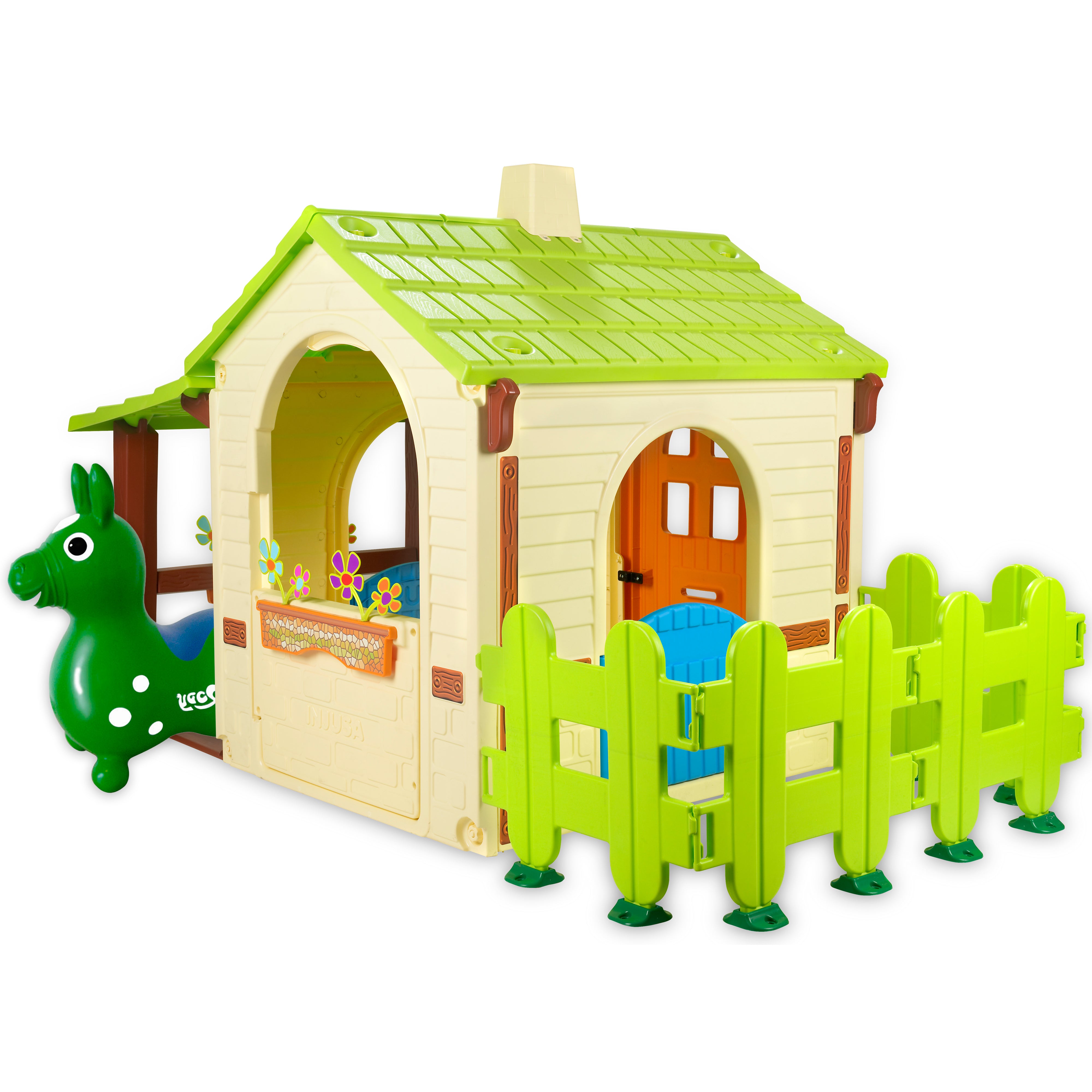 Country Playhouse & Rody Inflatable Bounce Horse Sets