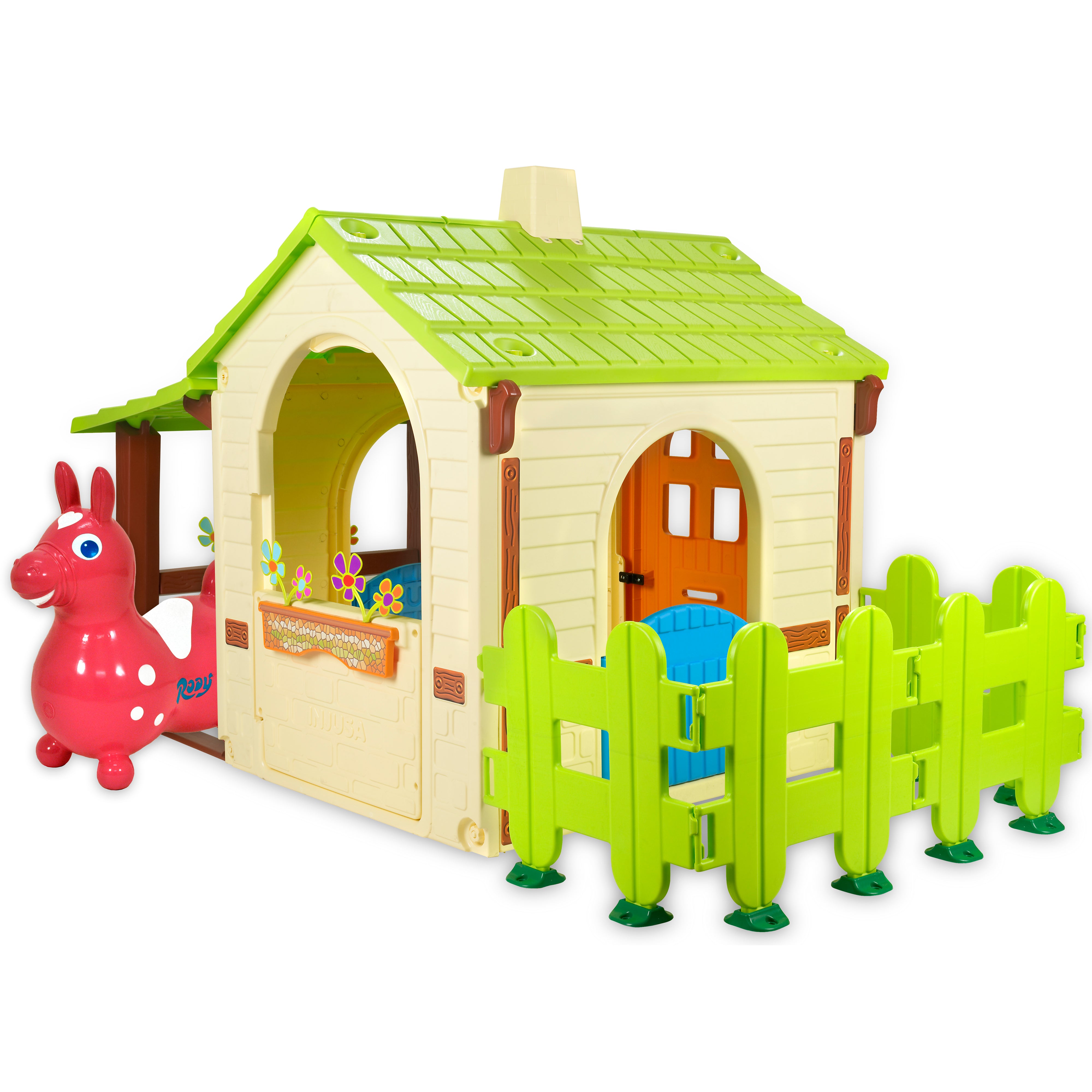 Country Playhouse & Rody Inflatable Bounce Horse Sets