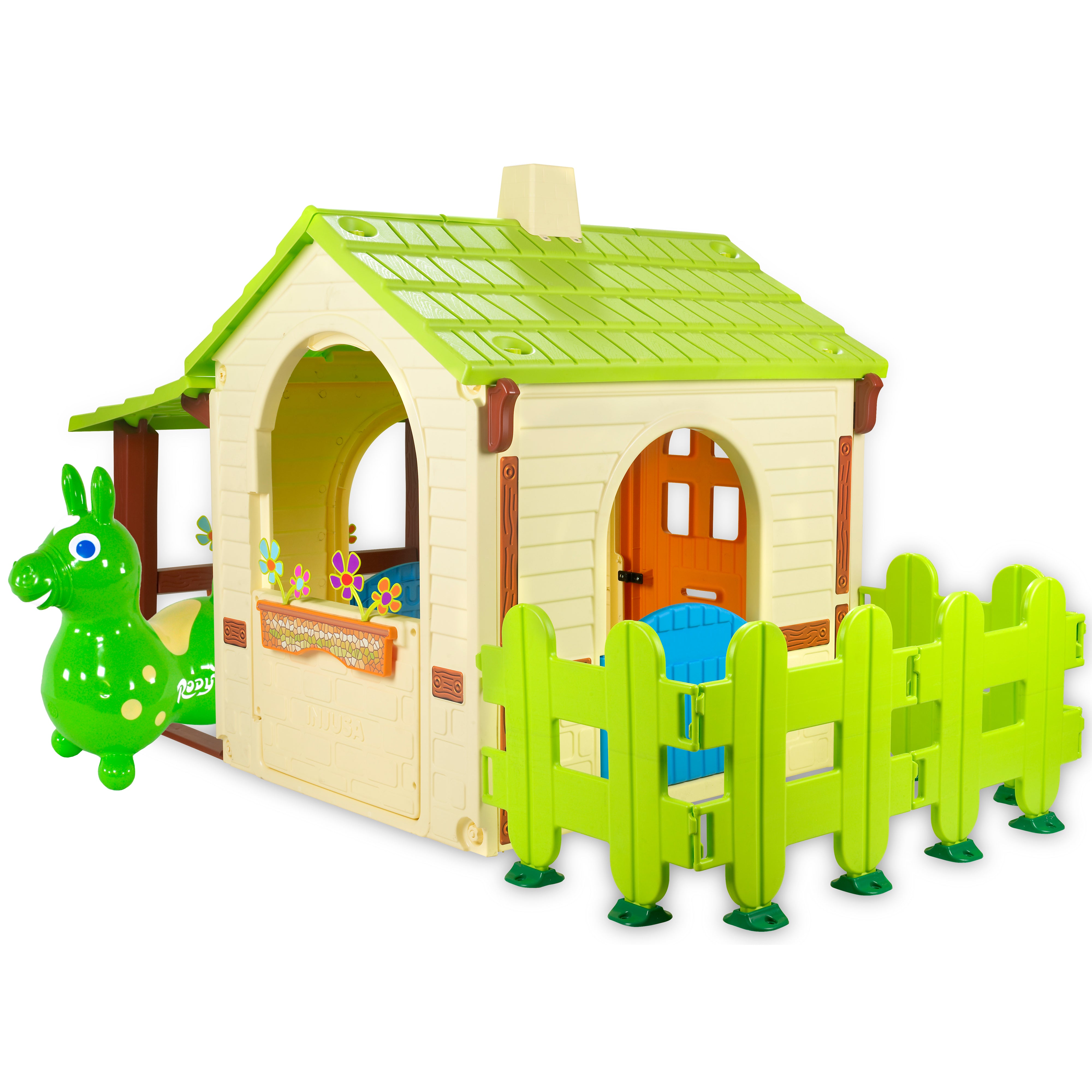 Country Playhouse & Rody Inflatable Bounce Horse Sets