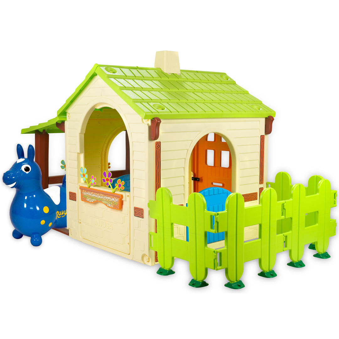 Country Playhouse & Rody Inflatable Bounce Horse Sets with playhouse, fence, flower boxes, and blue Rody Bounce Horse.