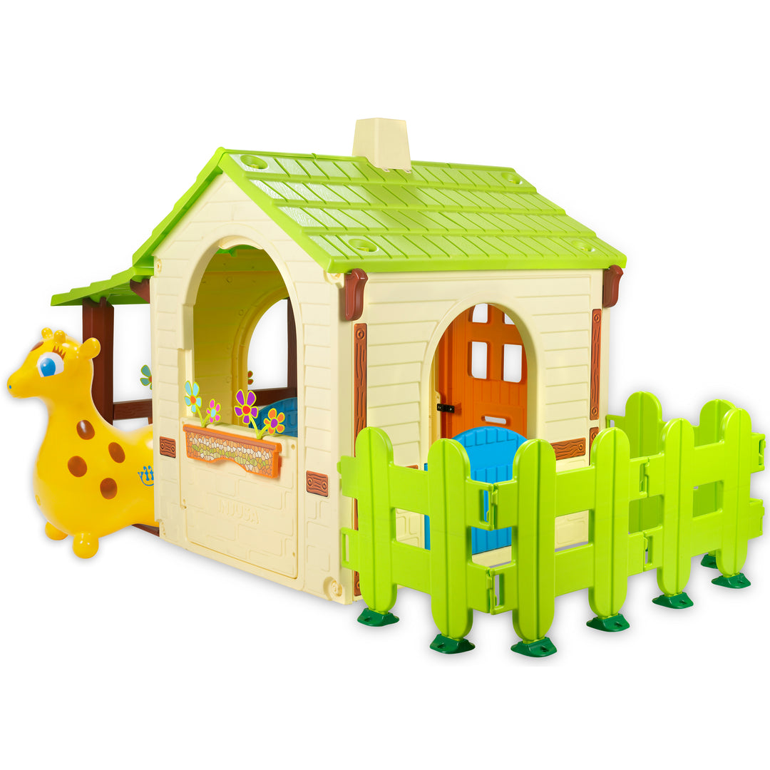 Country Playhouse & Gyffy The Giraffe Bounce Toy Set with house, green fence, and inflatable giraffe toy.