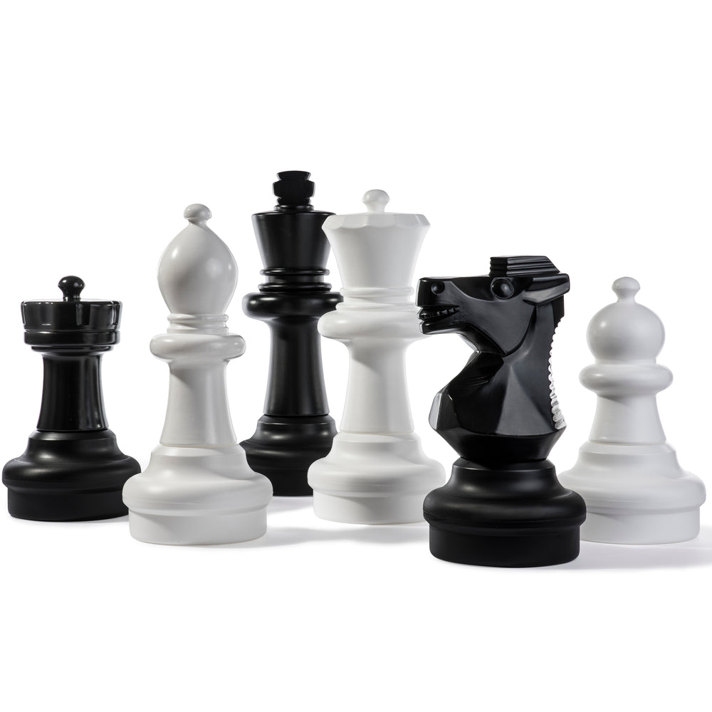 Giant Chess Pieces black and white oversized chess pieces from 17 to 25 inches for indoor and outdoor play.