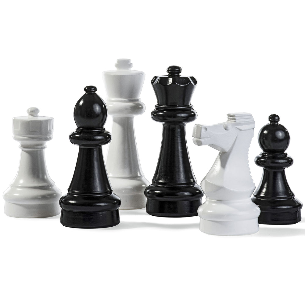 Mini-Giant Chess Pieces set with large black and white durable PVC chess pieces for indoor and outdoor play.