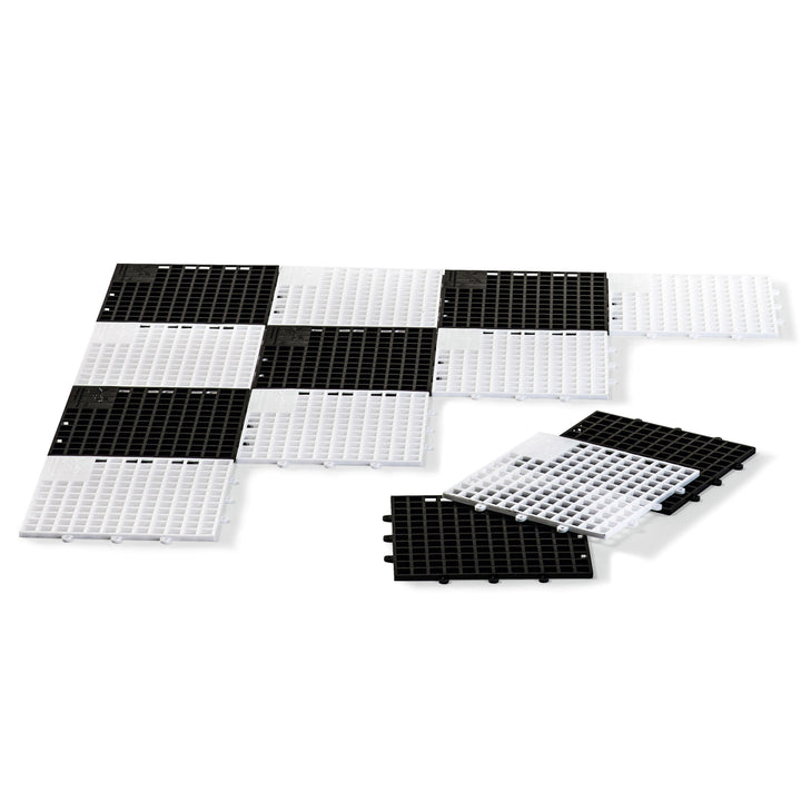 Giant 10x10 Tile Game Board pieces in black and white for oversized chess or checker sets, made of durable polyethylene.
