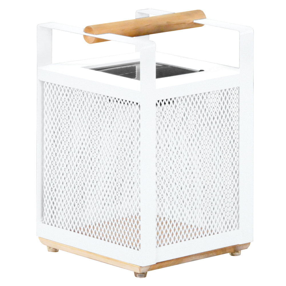 X-DISCO 17inch High-Shine LED Solar Lantern with white aluminum frame and wooden handle for indoor and outdoor use