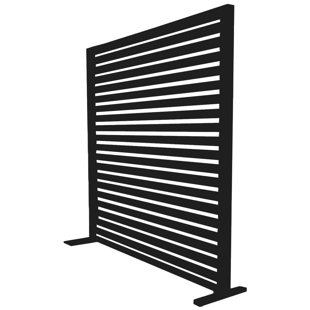Aluminum Patio Room Dividers in black, sturdy slatted design, powder-coated aluminum for indoor or outdoor privacy.
