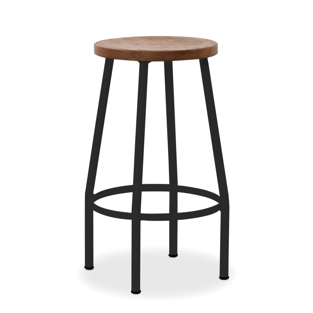 Canada Bar Stool with robust teak seat and lava powder coated aluminum frame, durable for indoor and outdoor use.