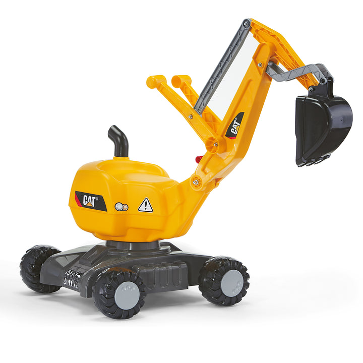 CAT Ride-On Digger toy with rotating body, dual action levers, large digging shovel, and four rolling wheels for kids.