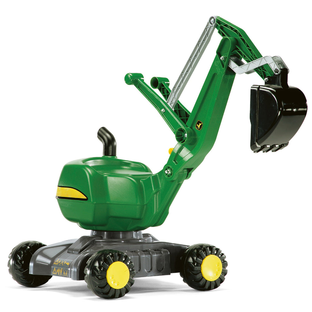 John Deere Ride-On Digger with 360-degree rotation, real scooping action, and durable wheels for kids aged 3 to 5 years.