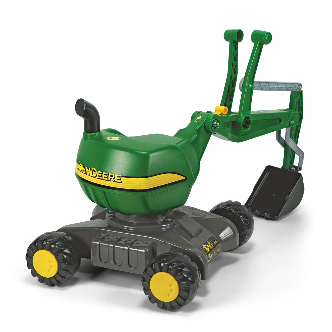 John Deere Ride-On Digger kids toy with 360-degree rotation, functional scoop, and sturdy wheels for ages 3 to 5 years.