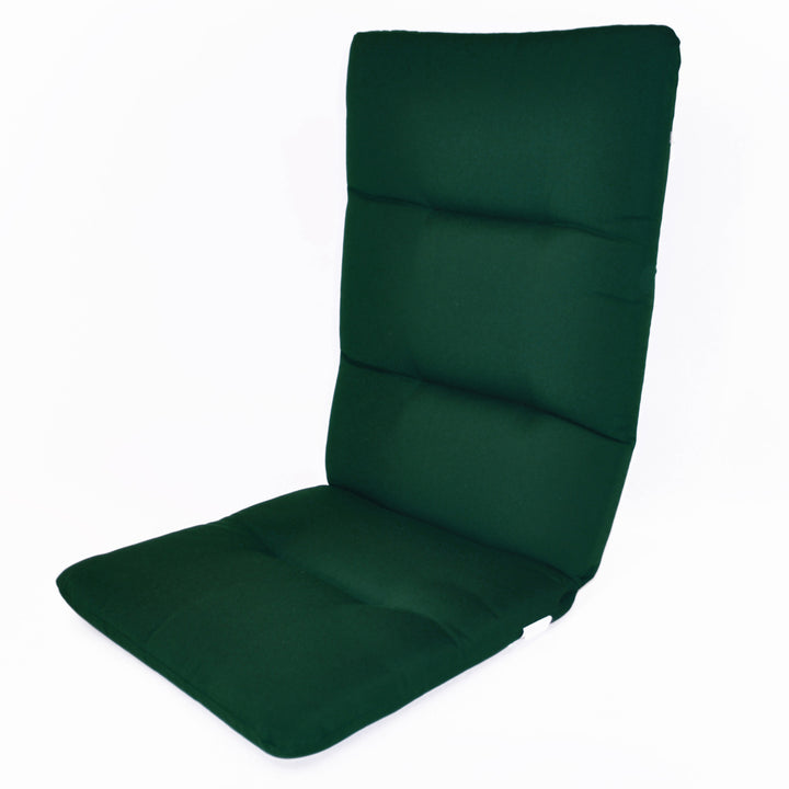 Multi Position Hinged Chair Cushions in dark green with durable Sunbrella fabric and plush foam for outdoor comfort.