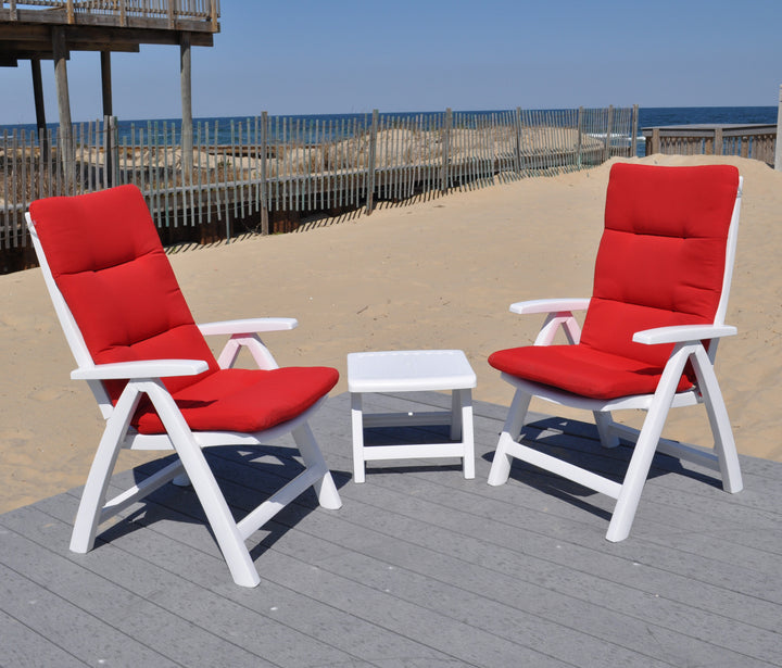 Multi Position Hinged Chair Cushions in red on white outdoor chairs with small matching side table on beach deck