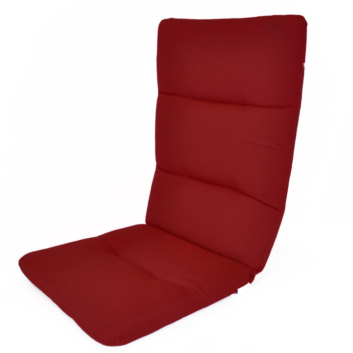 Multi Position Hinged Chair Cushions in red with thick padding and adjustable sections for outdoor seating comfort.