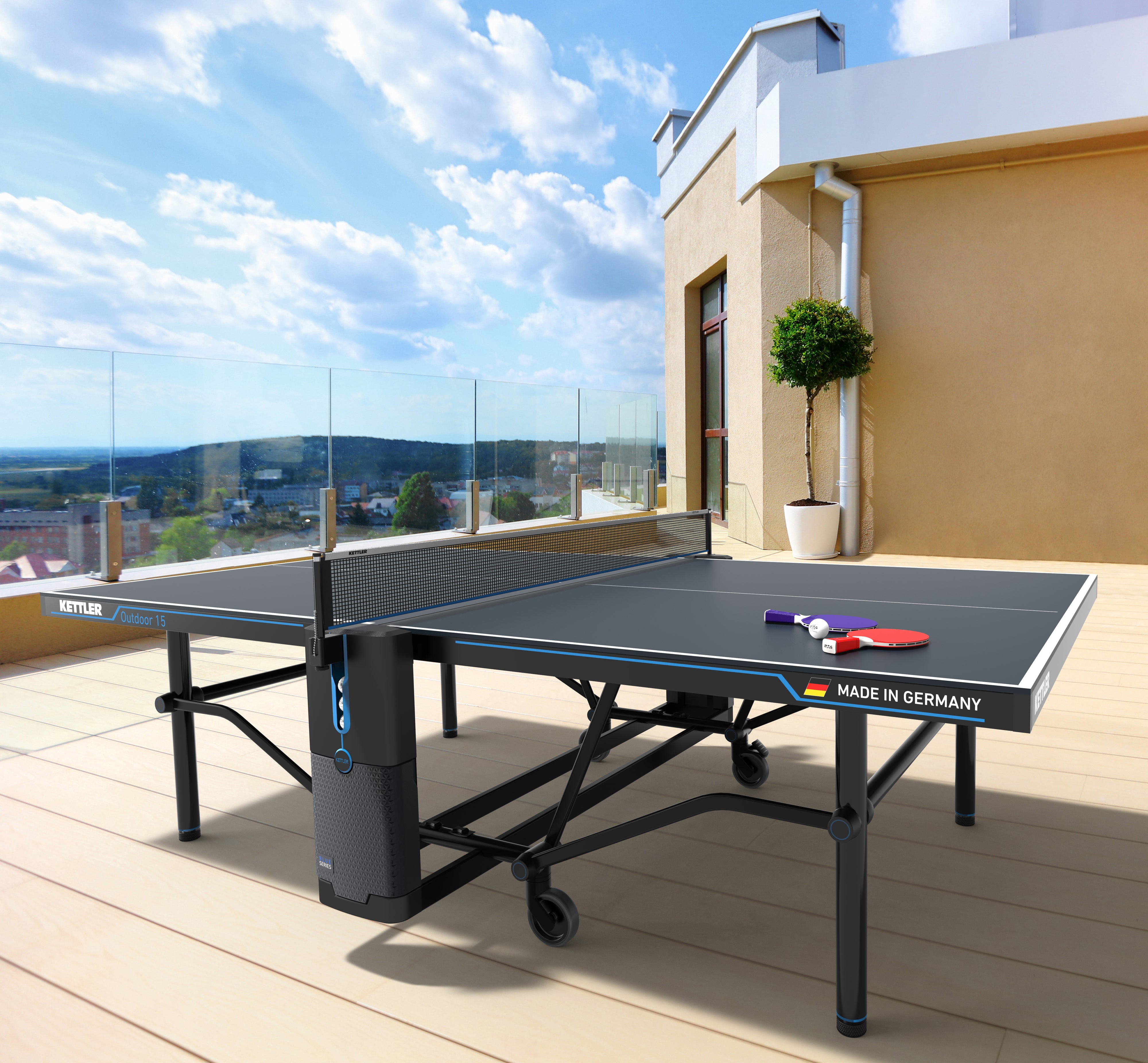 pre assembled outdoor table tennis table in commercial rooftop setting