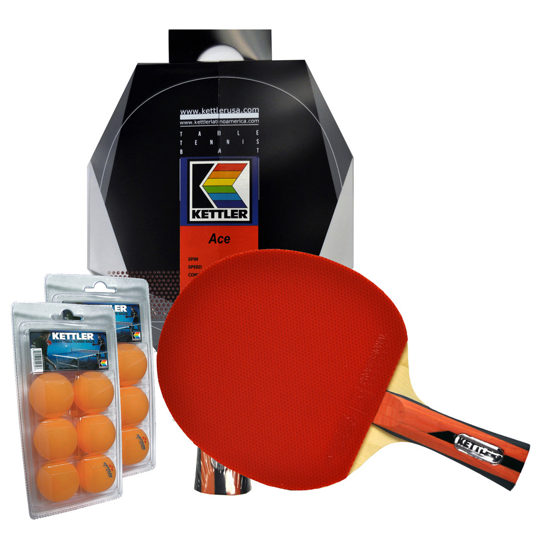 2-Player Ace Table Tennis Accessory Set with red black racquets and two 6-packs of KETTLER 3-star orange balls.