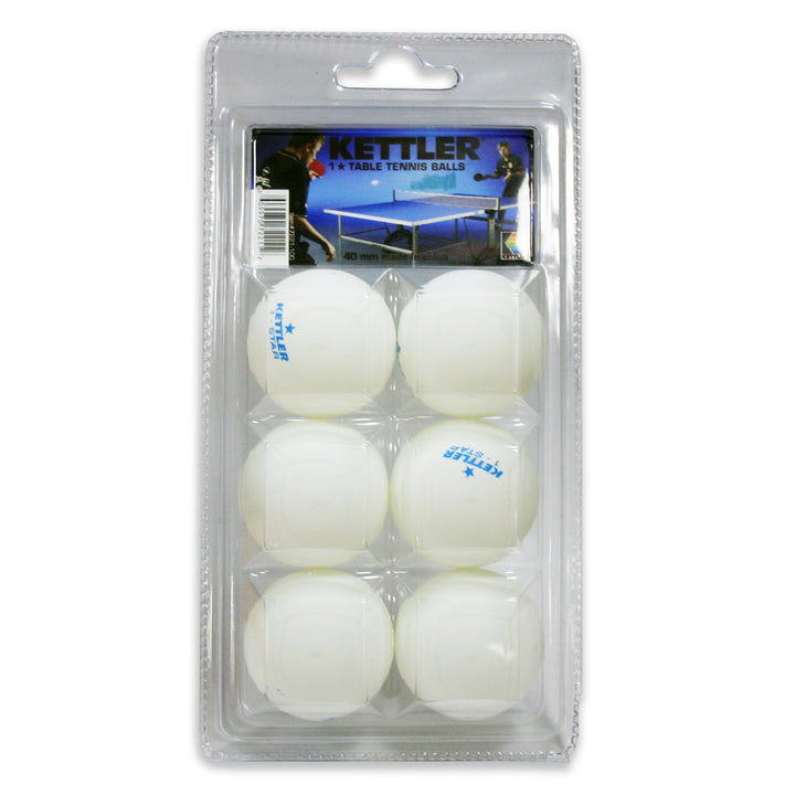 1-Star Table Tennis Balls, 6-Pack, white matte finish, 40+ mm, 2.7 grams, ITTF approved in clear plastic package.