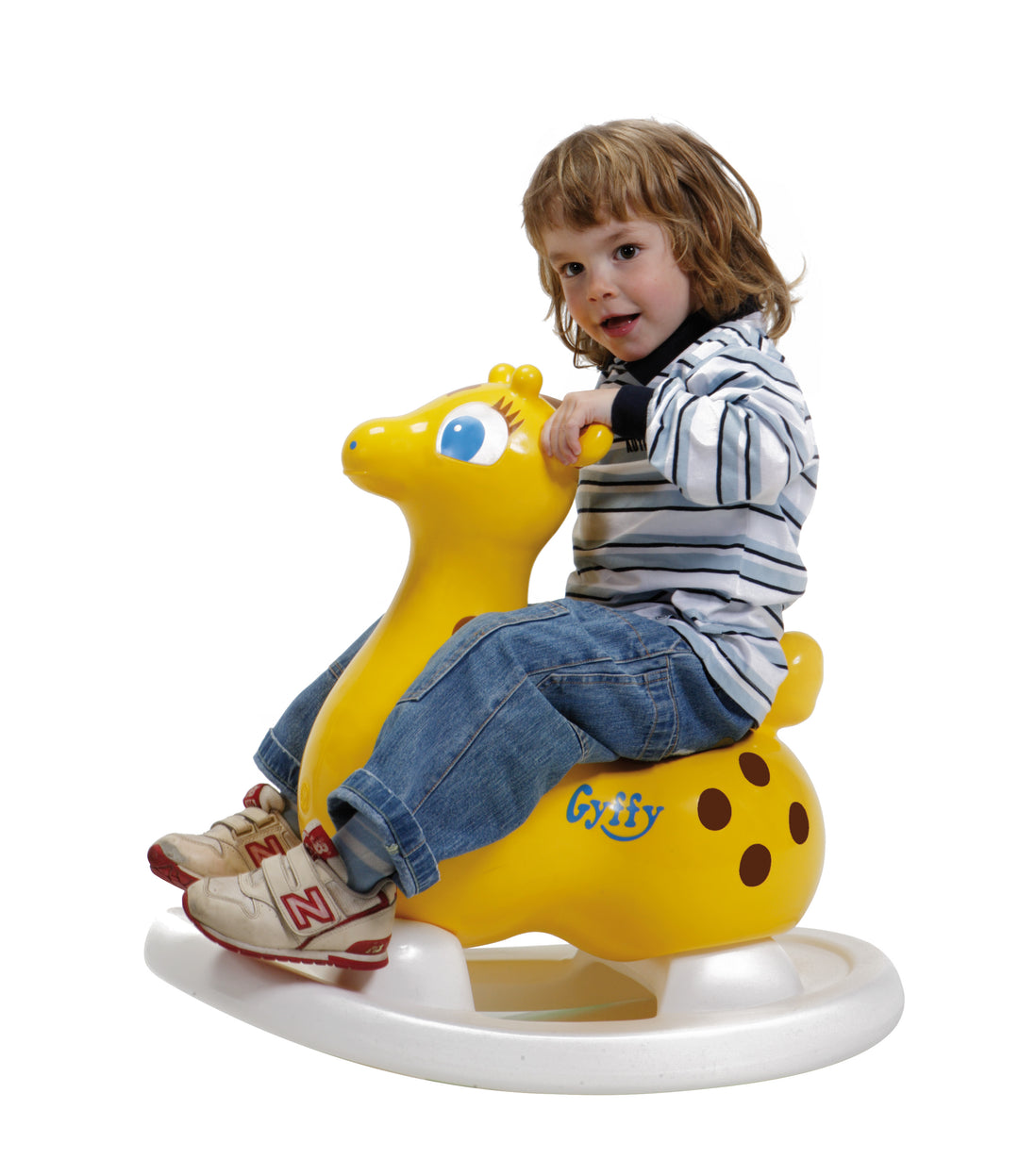 Child sitting on yellow Gyffy The Giraffe Bounce Toy With Pump designed to promote balance and coordination.