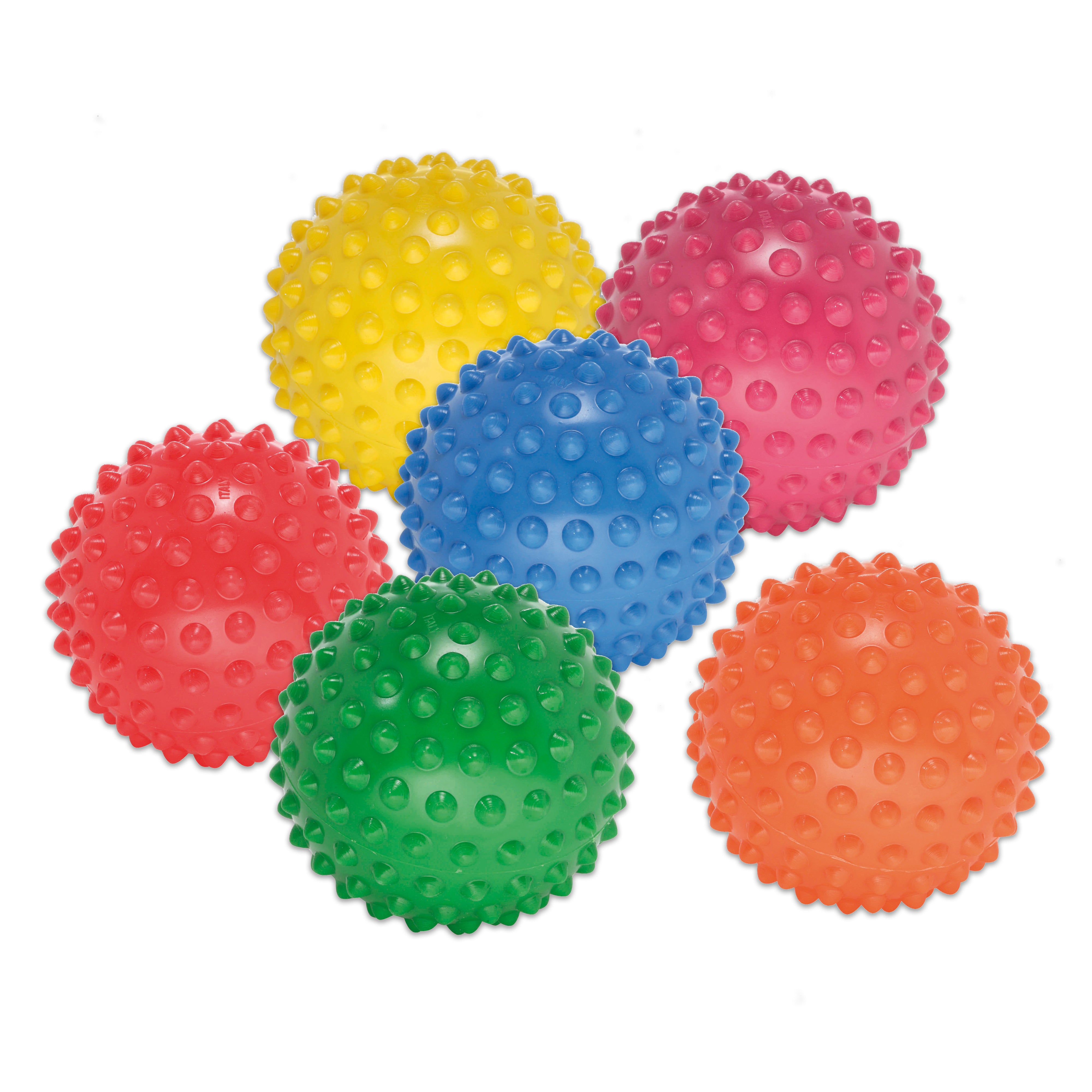 Sensory balls covered with raised bumps, and easy grip for a soft textured feel. Perfect for small children, this knobbly ball fosters grip and manipulation skills. Comes in a set of six pieces in assorted basic colors.