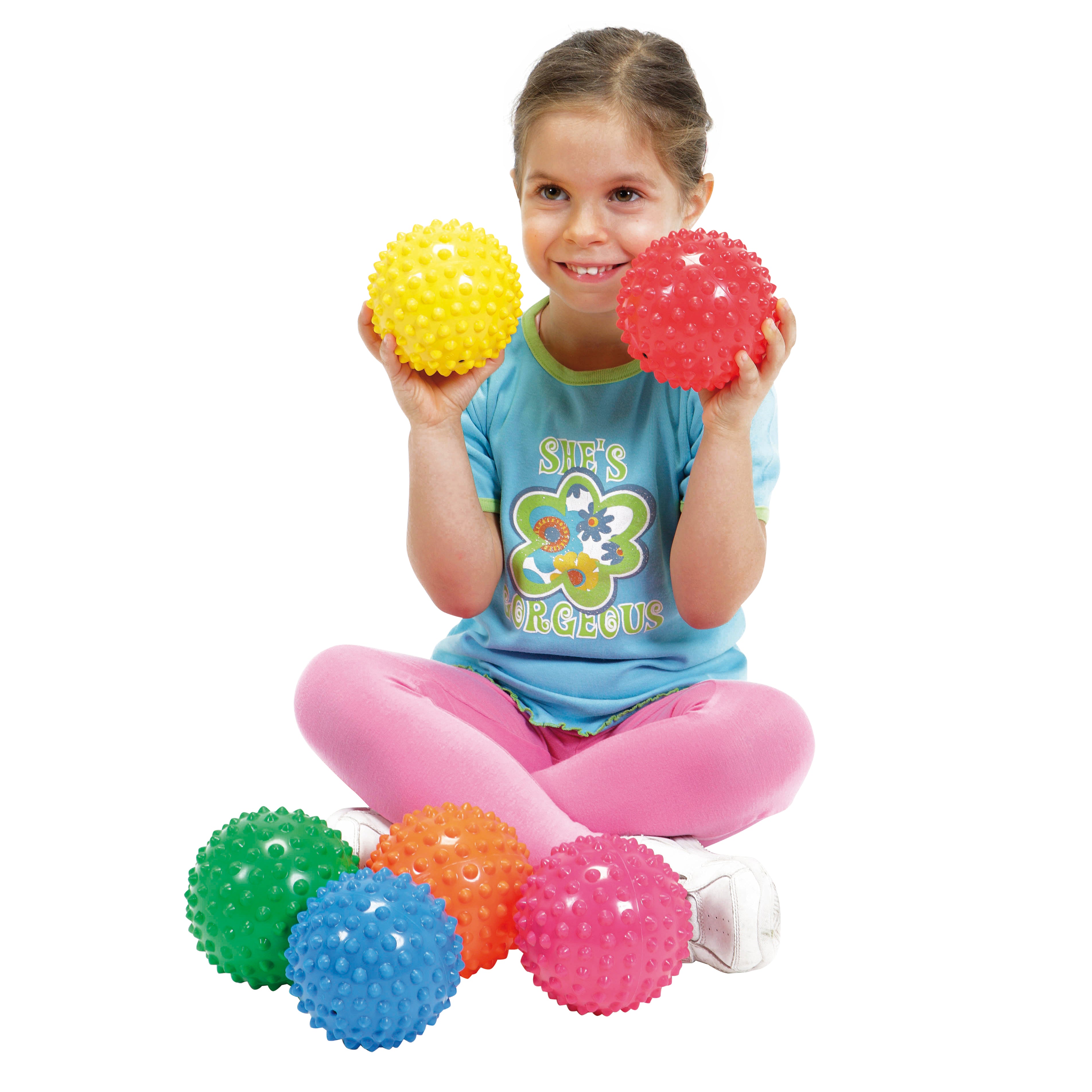 Sensory balls covered with raised bumps, and easy grip for a soft textured feel. Perfect for small children, this knobbly ball fosters grip and manipulation skills. Comes in a set of six pieces in assorted basic colors.