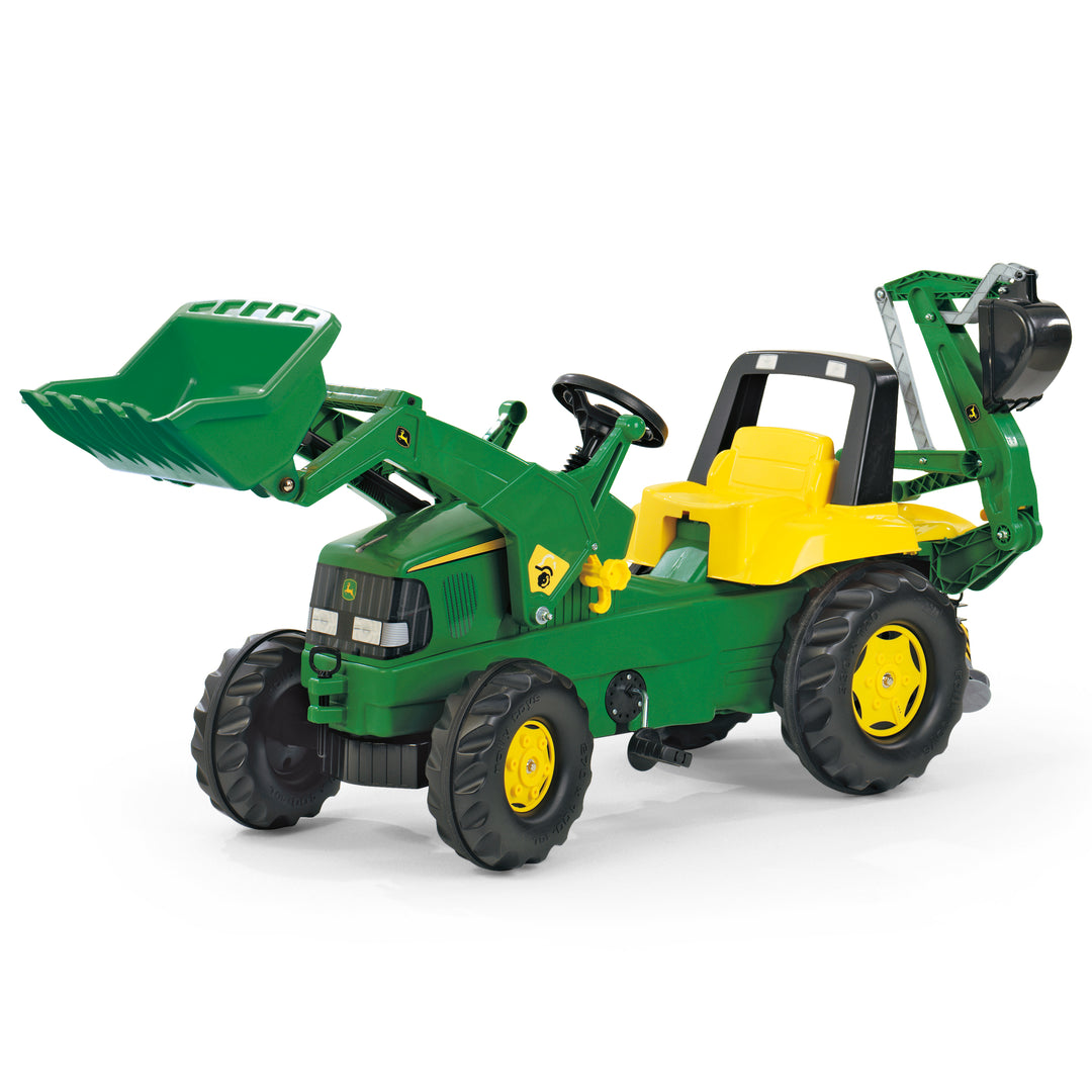 John Deere Pedal Loader With Backhoe, green and yellow pedal tractor with functional front loader and backhoe attachments.