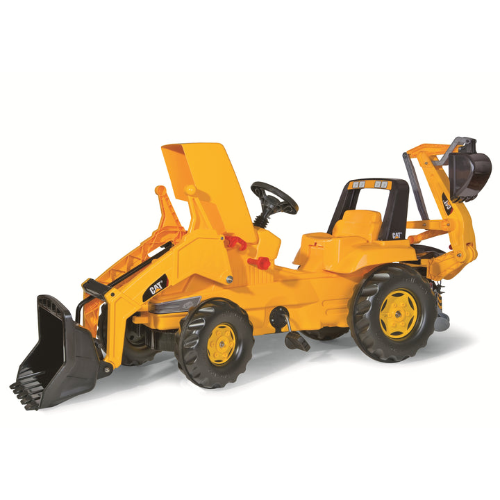 CAT Front Loader With Backhoe Pedal Tractor with durable tires, adjustable seat, and functional loader and backhoe for kids.