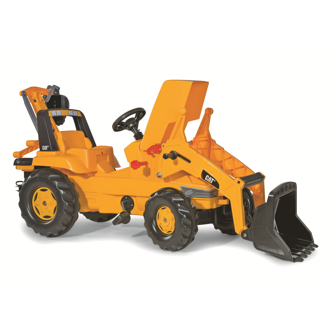 CAT Front Loader With Backhoe Pedal Tractor in yellow with oversized tires and functional loader and backhoe attachments