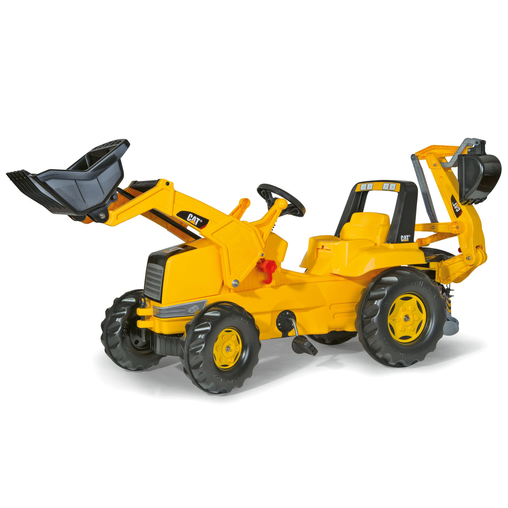 CAT Front Loader With Backhoe Pedal Tractor in yellow with functional loader, backhoe, and oversized rubber tires for kids.
