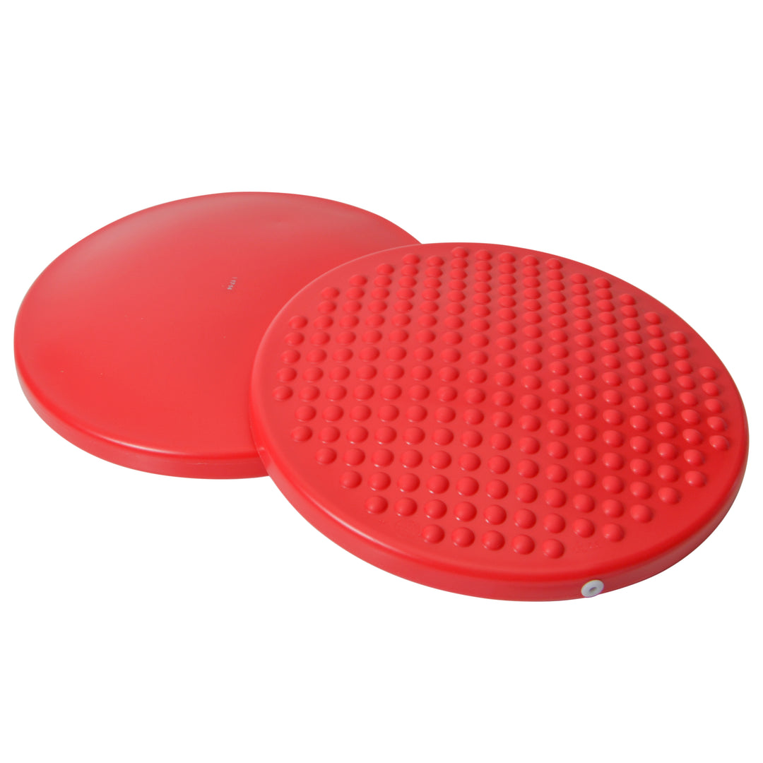 Gymnic Disc 'O' Sit Jr. inflatable red cushion for kids with bumpy surface to improve posture and balance exercises.
