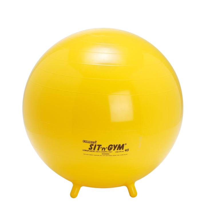 Gymnic Sit 'N' Gym Jr. Children's Sit-On Ball in yellow with small feet for posture and concentration support.