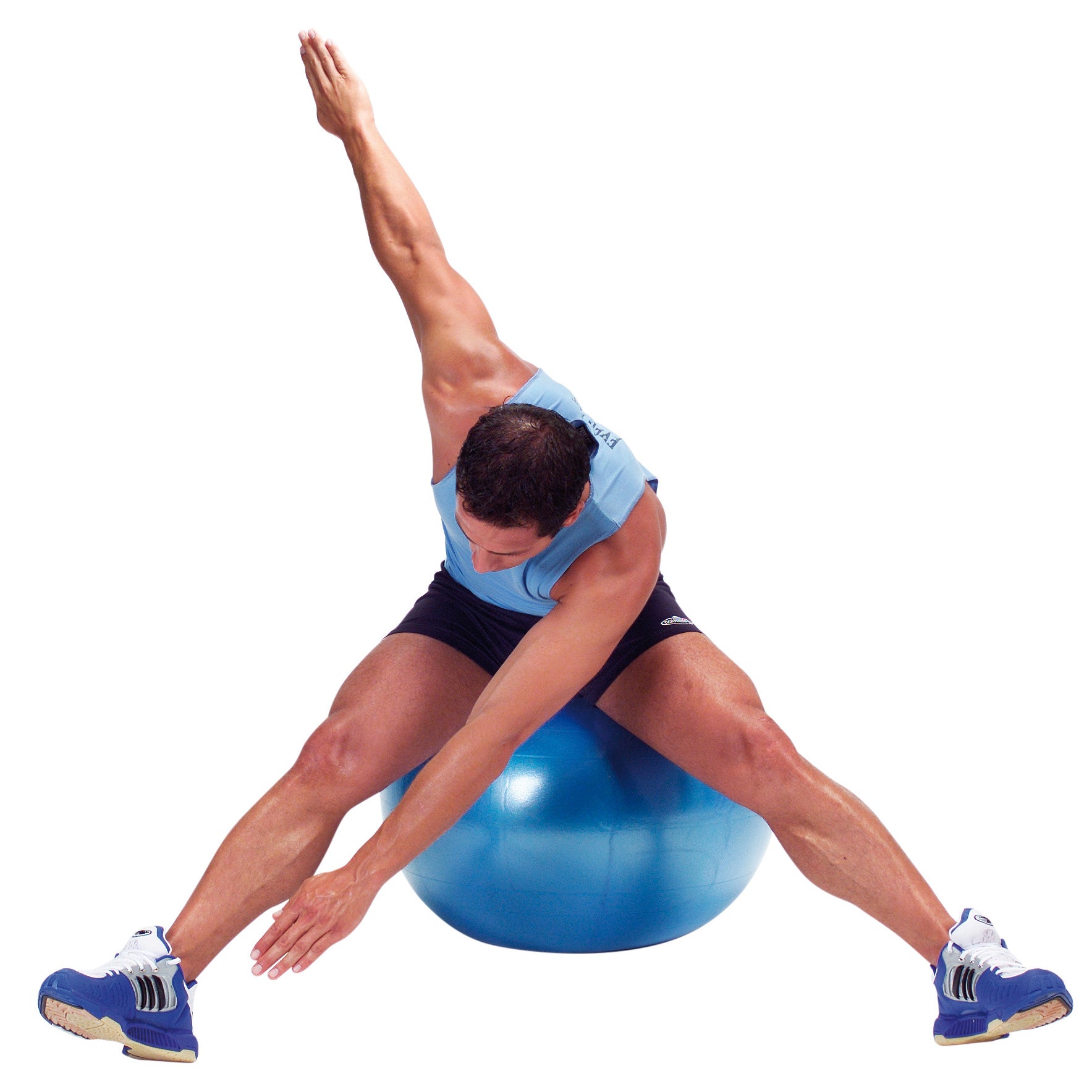 A man stretching on a blue plus ball