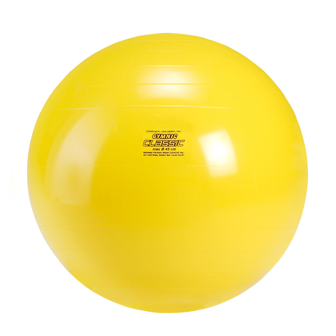 Gymnic Classic Physiotherapy Ball 45cm in yellow, latex-free vinyl, used for rehab, strength, and balance training.
