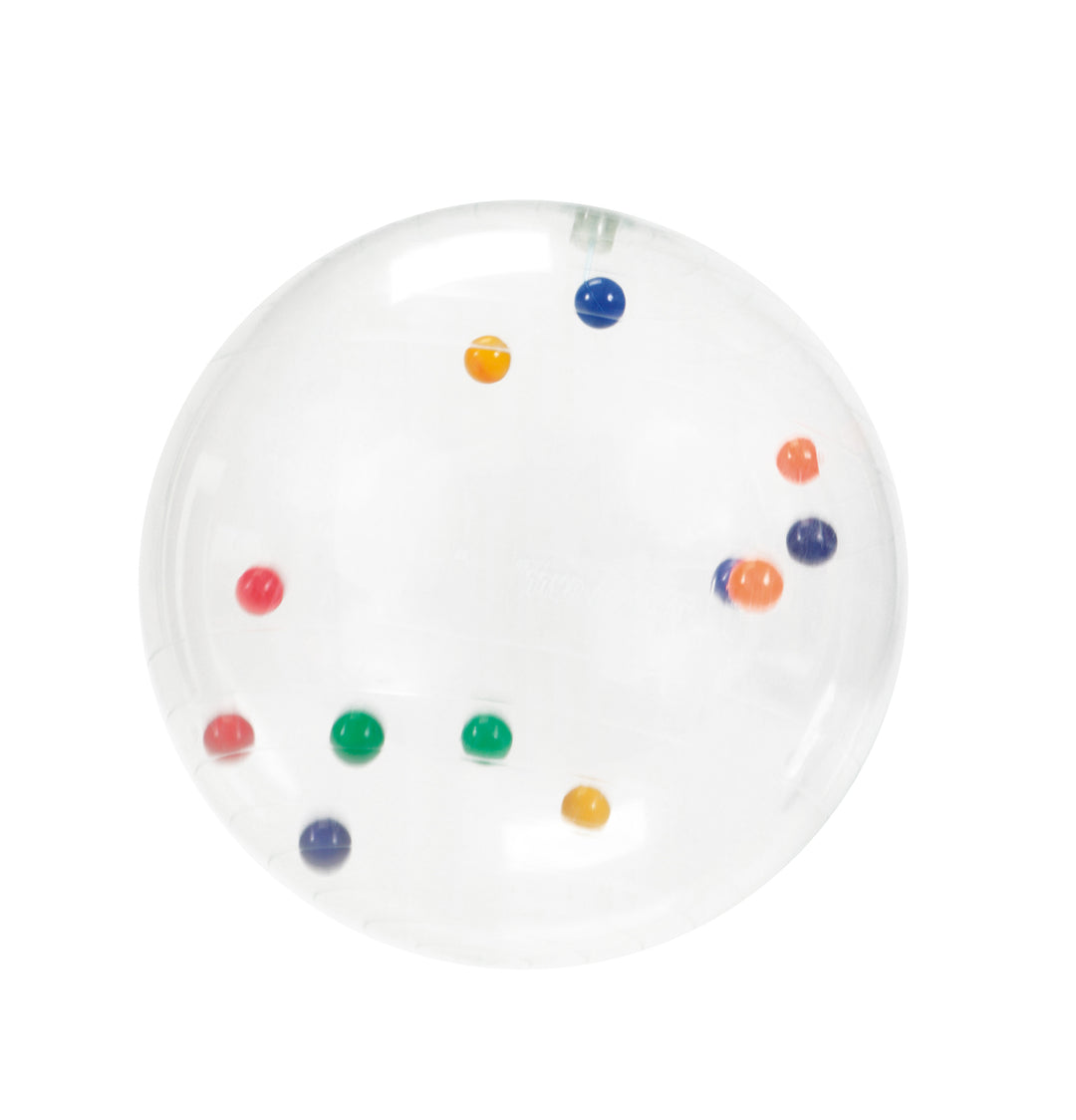 Transparent Gymnic Activity Ball with small colorful balls inside to improve spatial perception and eye mobility for children.