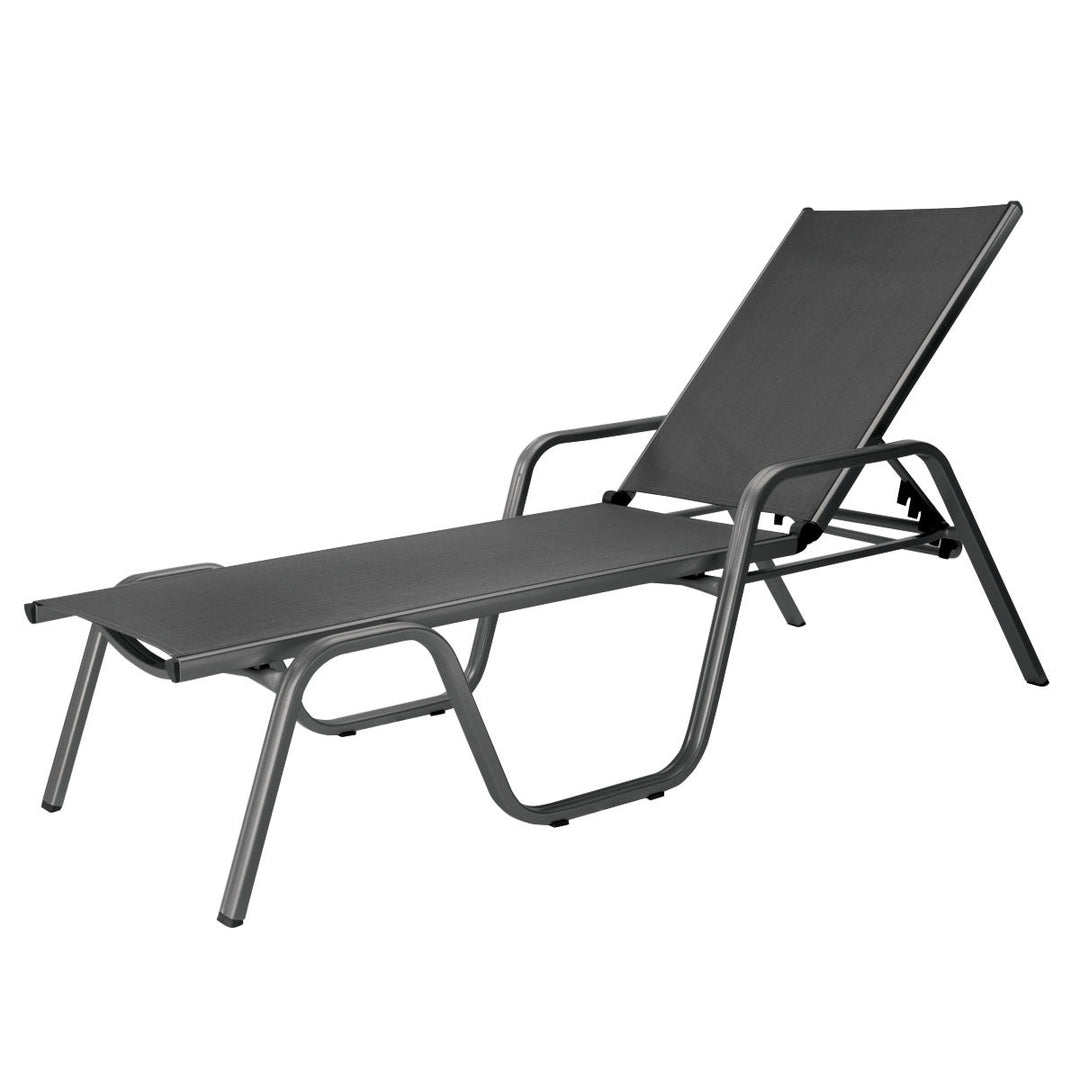 Basic Plus Stackable Loungers in grey with durable aluminum frame and ergonomic reclining sling seating for outdoor relaxation.