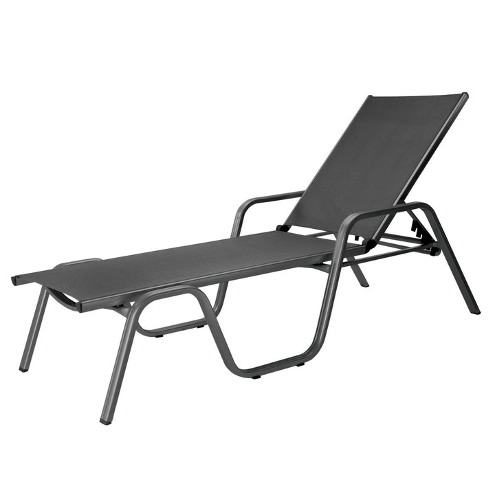 Basic Plus Stackable Loungers in grey with durable aluminum frame and ergonomic reclining sling seating for outdoor relaxation.