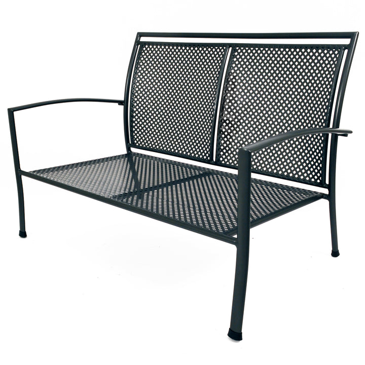 Reno Deep Seating Loveseat With Cushions features durable iron grey metal frame and woven design for outdoor seating comfort.