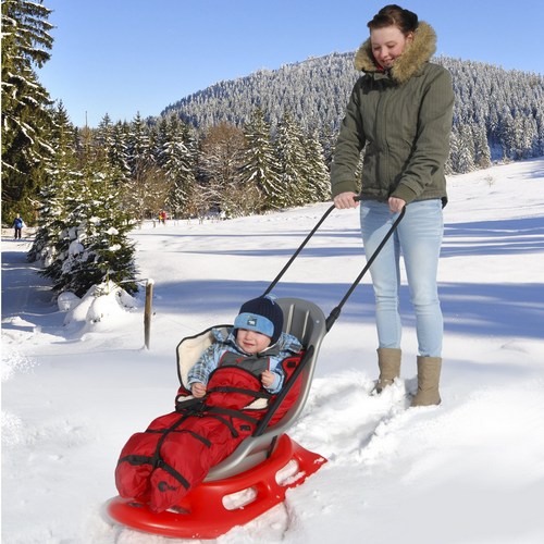 lifestyle image of snow stroller with baby and adult 