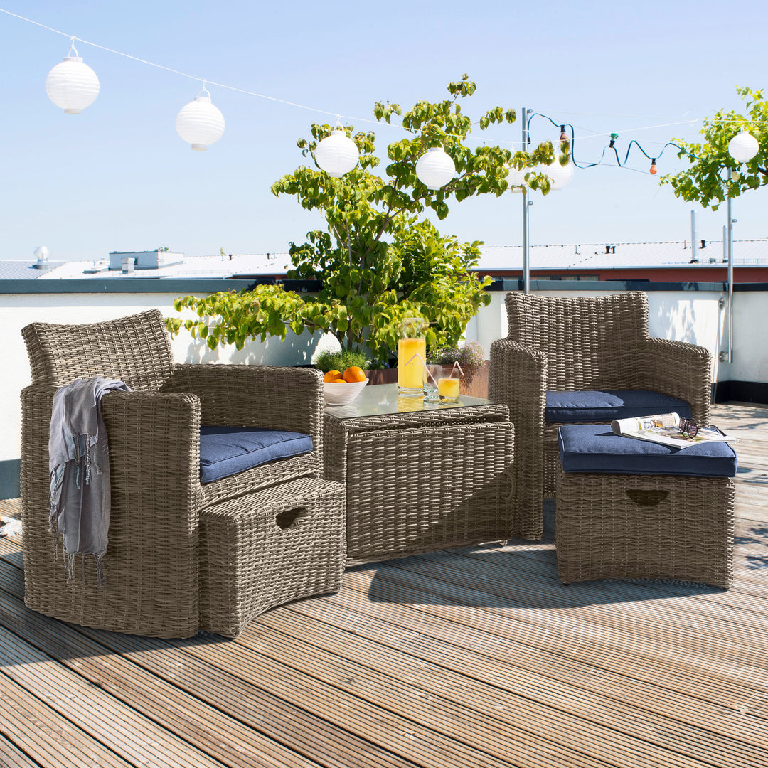 Cupido Wicker 2-Person Conversation Set With Cushions on rooftop deck with blue cushions and glass top table.