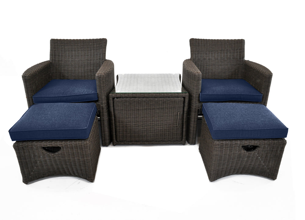 Cupido Wicker 2-Person Conversation Set With Cushions featuring handwoven wicker chairs, ottomans, and a glass-top side table.