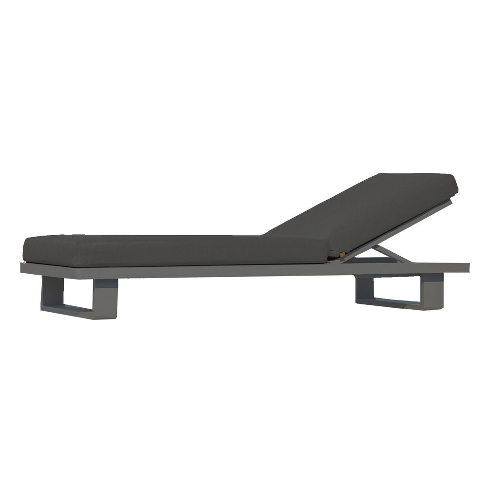 Fitz Roy Aluminum Lounger with lava aluminum frame and charcoal cushions, adjustable reclining design for outdoor comfort.