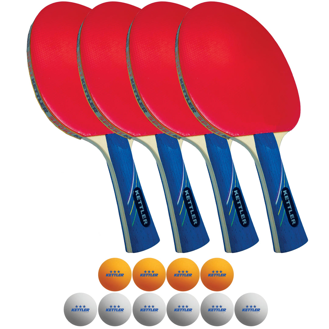 GTX-85 4-Player Set includes four red paddles with concave handles and ten Kettler balls for all skill levels.