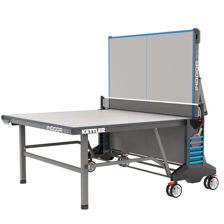 Indoor 10 Table Tennis Table by KETTLER with IN-TEC25 surface, permanent net, folding design, and large transport wheels