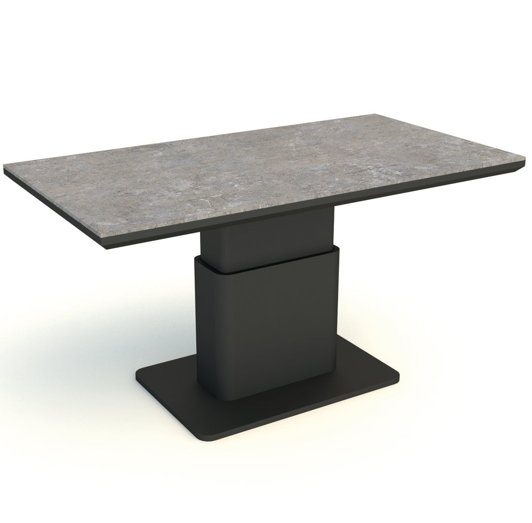 LUKA Adjustable Height Table with concrete look ceramic top and black powder-coated aluminum base for indoor or outdoor use.