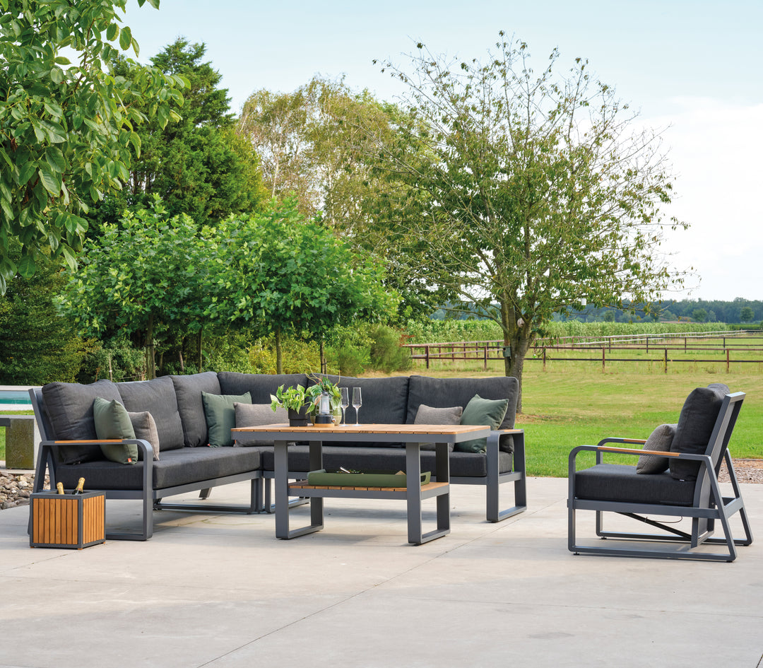 Montana Right Sofa with durable all-weather frame, teak accents, charcoal cushions, and modern outdoor design.