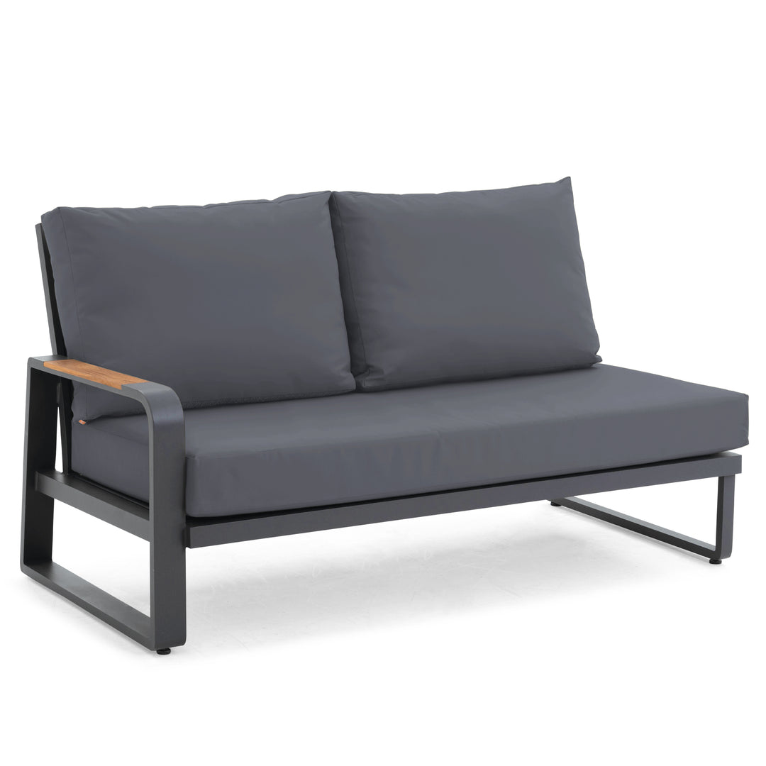 Montana Right Sofa with charcoal cushions, lava frame, teak accents, and all-weather durable construction for outdoor use.