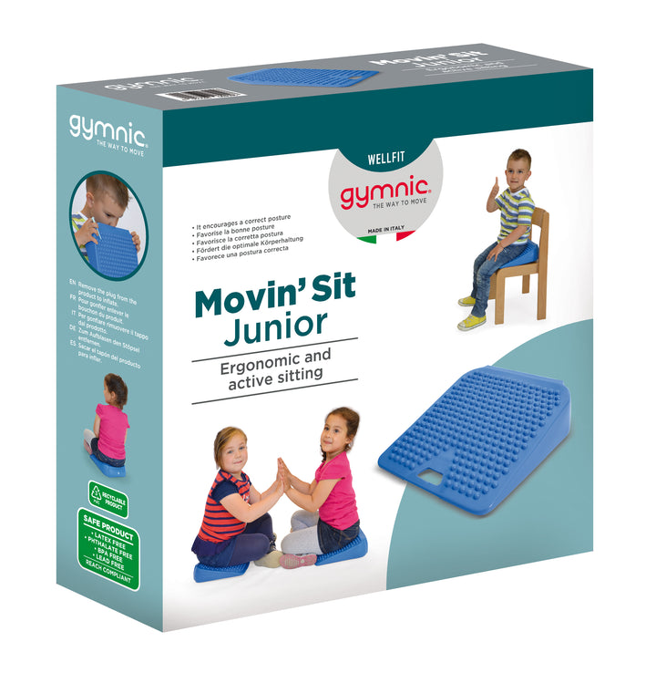 Gymnic Movin' Sit Jr. inflatable wedge cushion for children promotes correct posture and dynamic sitting in small chairs.