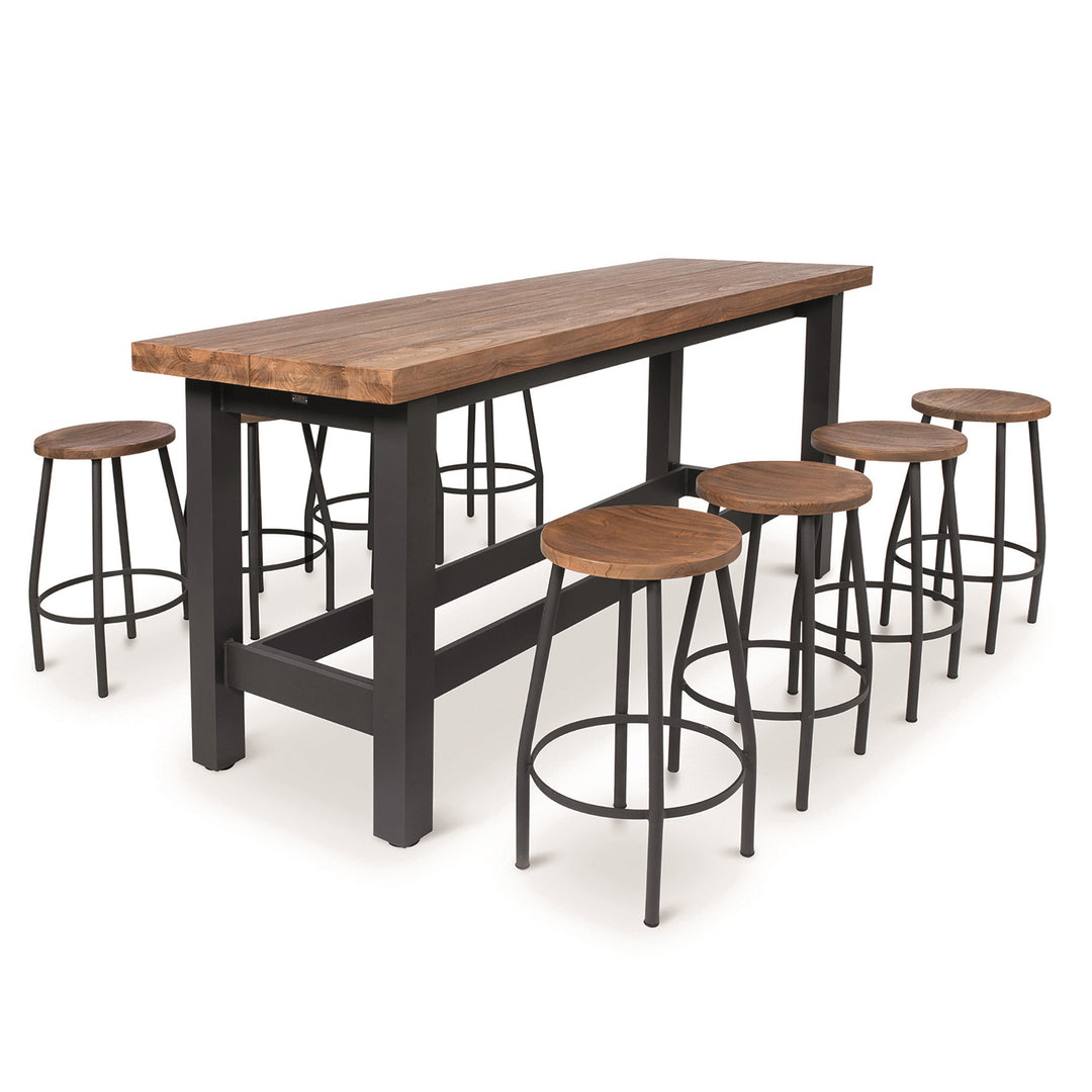 Canada Bar Height Dining Set with robust teak tops and durable lava-colored aluminum frame, includes six bar stools.